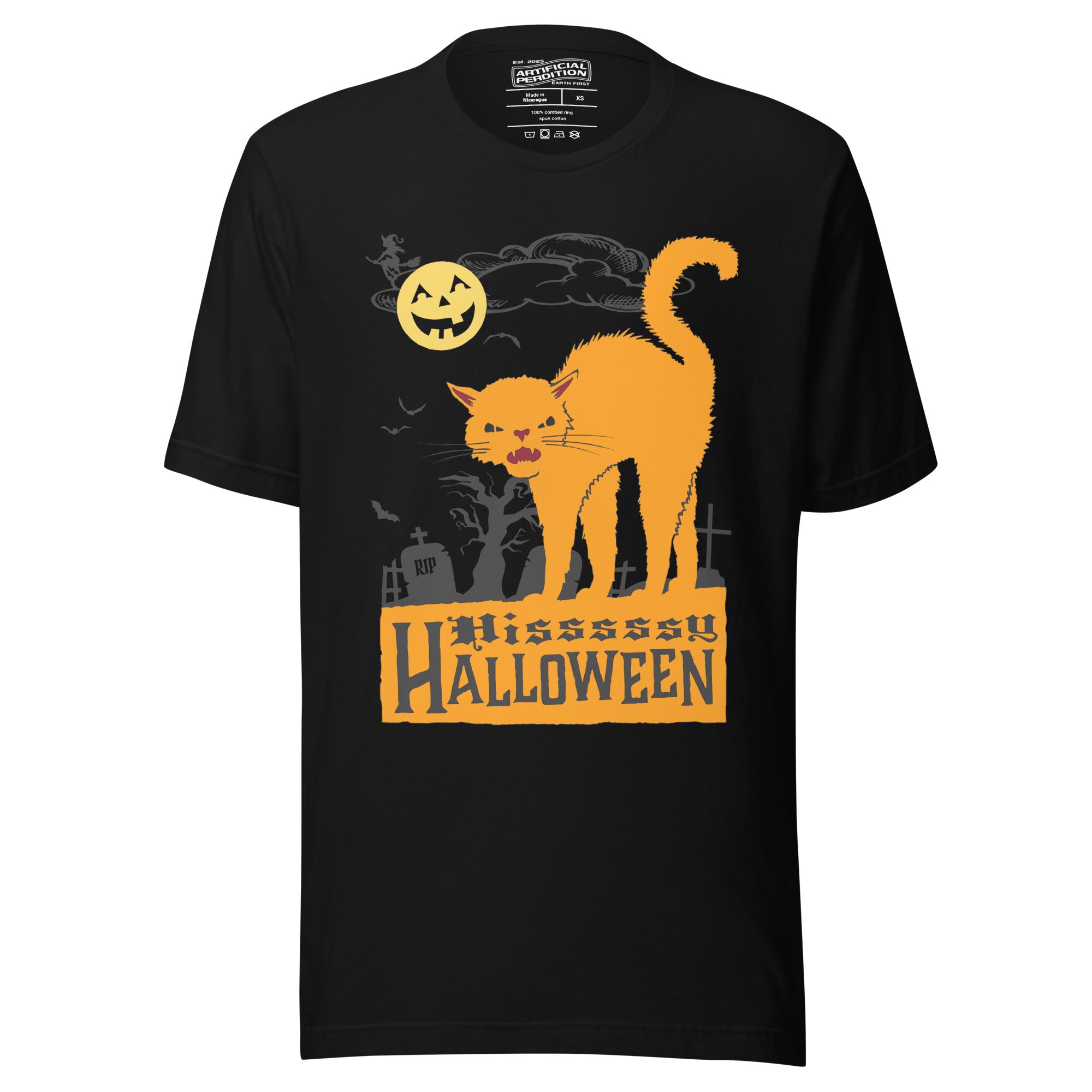 Orange arched Halloween cat hissing in graveyard scene with jack-o-lantern moon and bats, vintage poster style, Hissy Halloween, Artificial Perdition apparel
