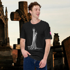 Man wearing a black heather Skeletal Serenity Core Tee with minimalist Grim Reaper design, surrounded by weathered tombs and greenery.