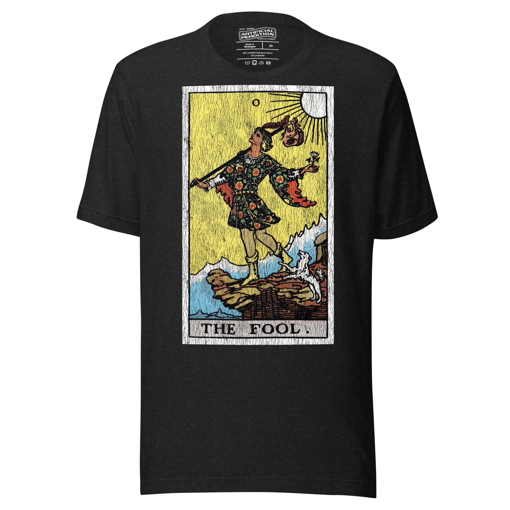 The Fool tarot card, figure at cliff's edge with staff and flower, dog at heel, vintage Rider-Waite engraving style, Artificial Perdition