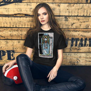 The High Priestess tarot card, robed figure seated between two pillars with scroll and crescent moon, Rider-Waite style, Artificial Perdition