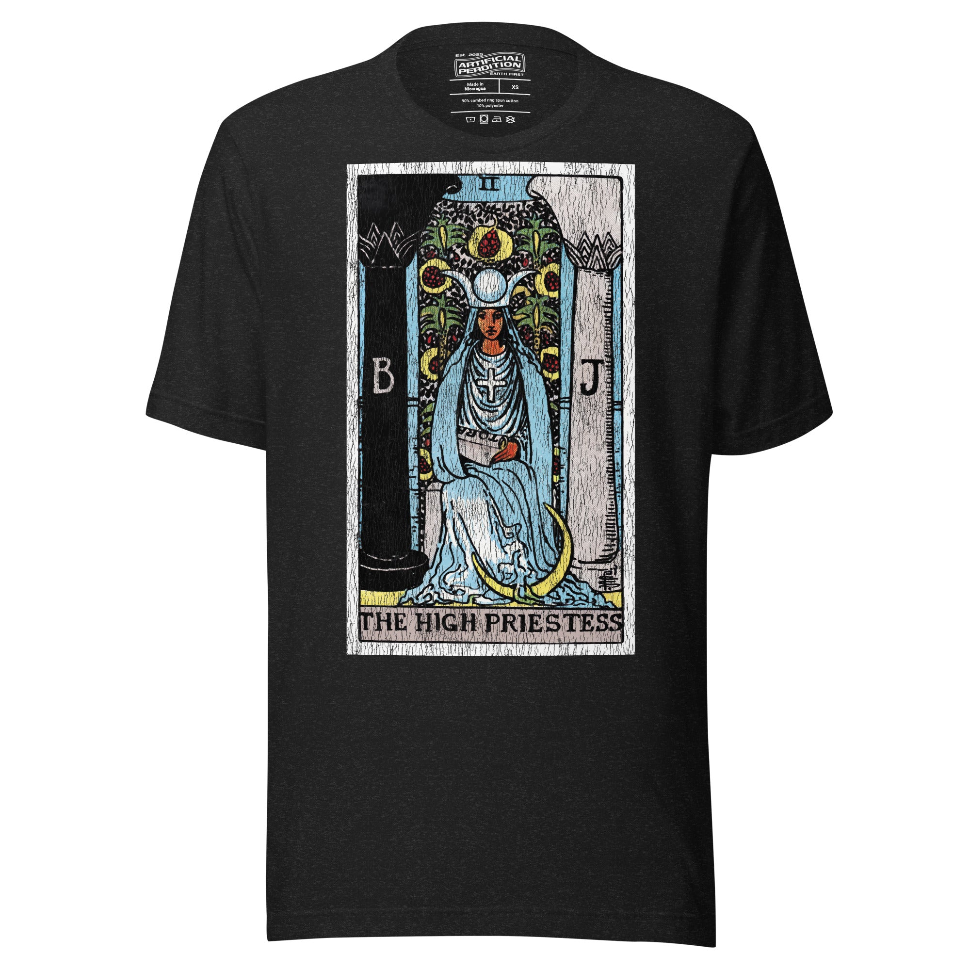 The High Priestess tarot card, robed figure seated between two pillars with scroll and crescent moon, Rider-Waite style, Artificial Perdition