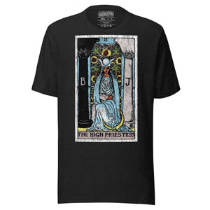 The High Priestess tarot card, robed figure seated between two pillars with scroll and crescent moon, Rider-Waite style, Artificial Perdition