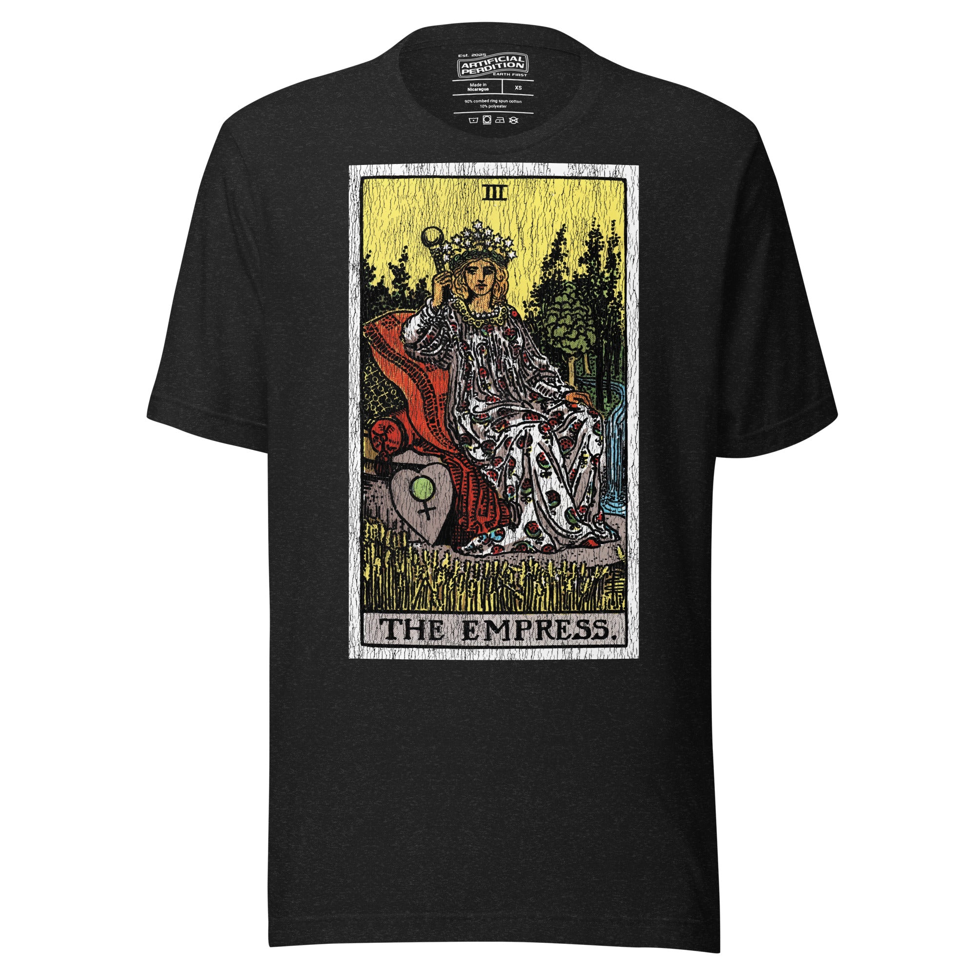 The Empress tarot card, crowned figure enthroned with Venus shield and scepter, wheat field and forest behind her, Rider-Waite style, Artificial Perdition