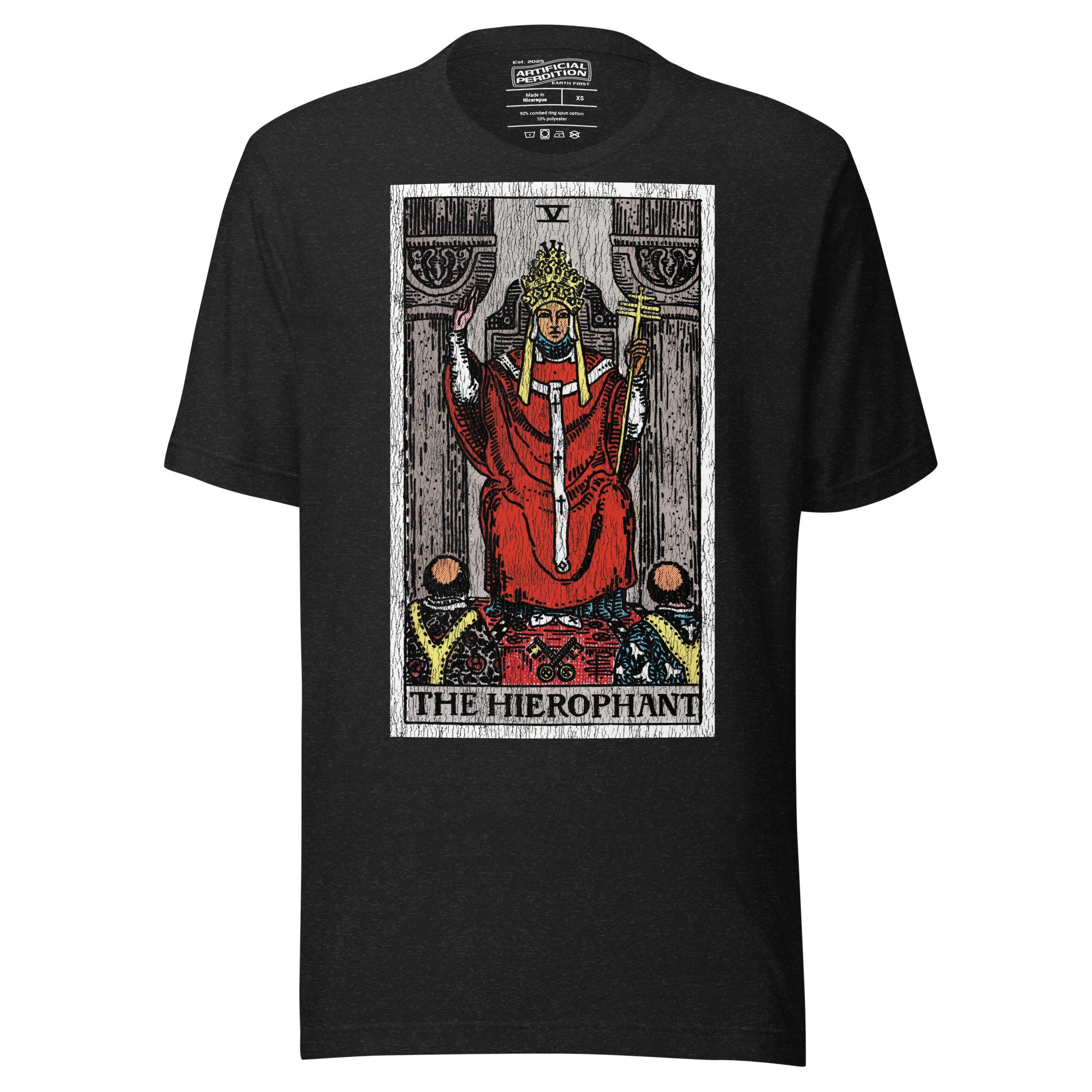 The Hierophant tarot card, triple-crowned figure seated between pillars with crossed keys and kneeling acolytes, Rider-Waite style, Artificial Perdition