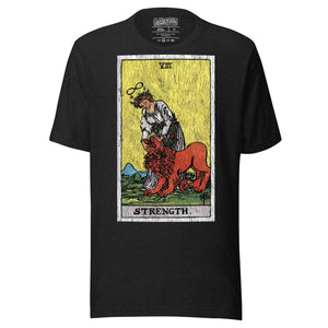 Card eight. The lion is already subdued, led by a chain of flowers. Strength is the quiet kind — fortitude, not force. Rider-Waite tarot apparel.