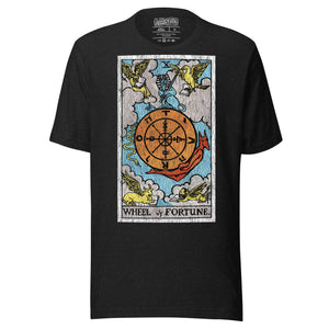 Wheel of Fortune tarot card, sphinx atop a turning wheel flanked by four creatures, Rider-Waite style, Artificial Perdition