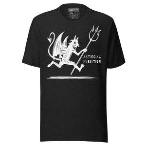 Artificial Perdition devil mascot, red illustrated devil mid-stride with trident and brand name, hand-drawn style on black, official logo tee