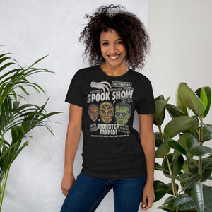 Vintage spook show poster style back print with three classic monster faces and Midnight Spook Show text, retro Halloween design, Artificial Perdition apparel