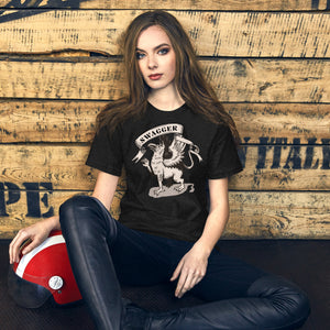 Rampant griffin in heraldic engraving style with Swagger banner ribbon, cream and black illustration, Artificial Perdition apparel