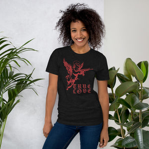 Red cherub angel with halo aiming rifle above blackletter True Love text, dark ironic tattoo flash style, Artificial Perdition apparel