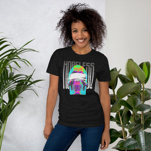 Blindfolded skull in thermal heat-map colors with bold chrome HOPELESS text, psychological horror design, Artificial Perdition apparel