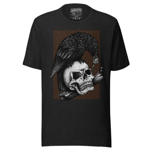 Graphite illustration of a black corvid perched on a human skull removing the eye, sprouting branch beside it, Last Look, Artificial Perdition apparel