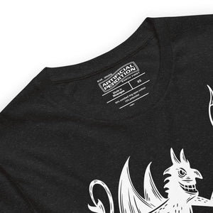 Artificial Perdition devil mascot, red illustrated devil mid-stride with trident and brand name, hand-drawn style on black, official logo tee