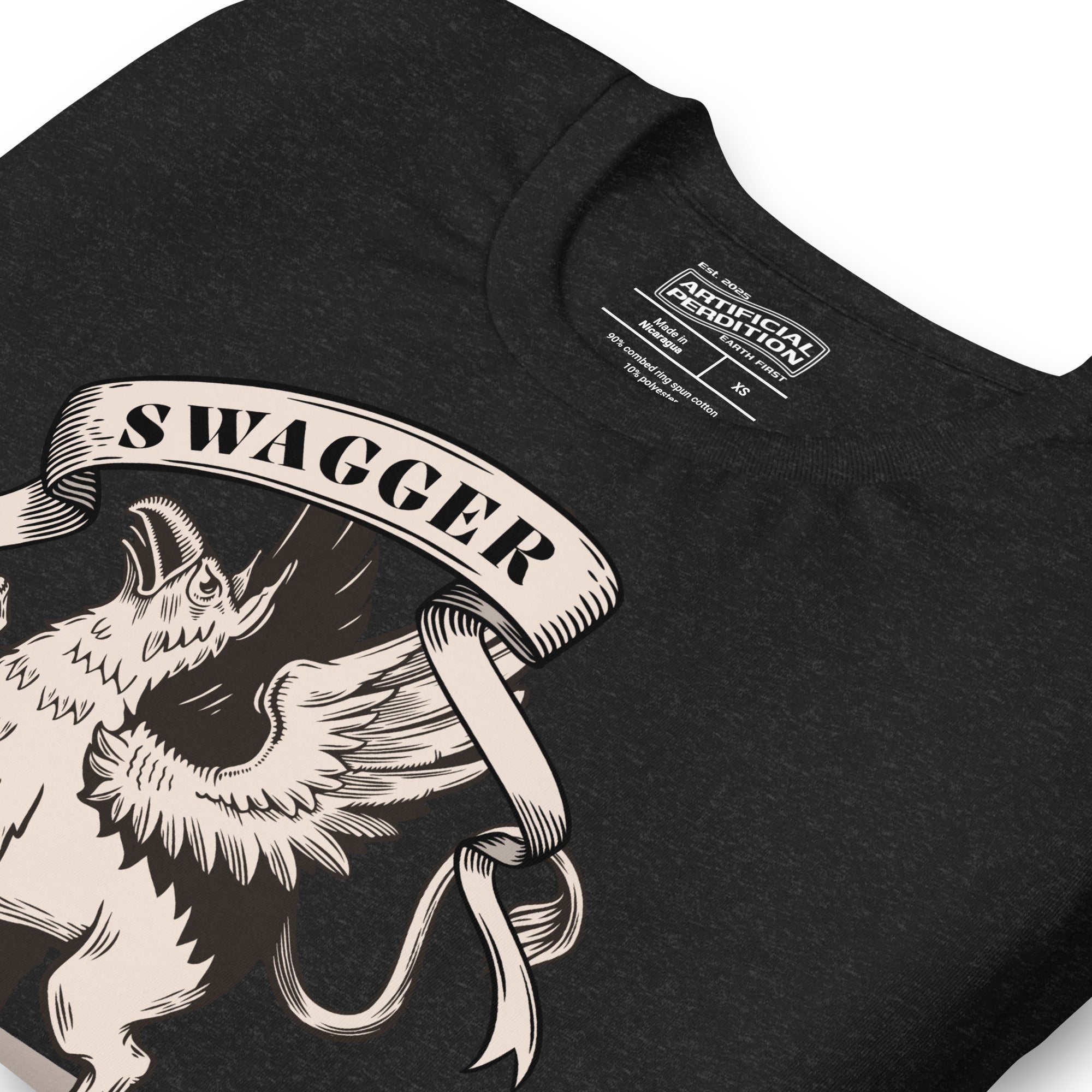 Rampant griffin in heraldic engraving style with Swagger banner ribbon, cream and black illustration, Artificial Perdition apparel