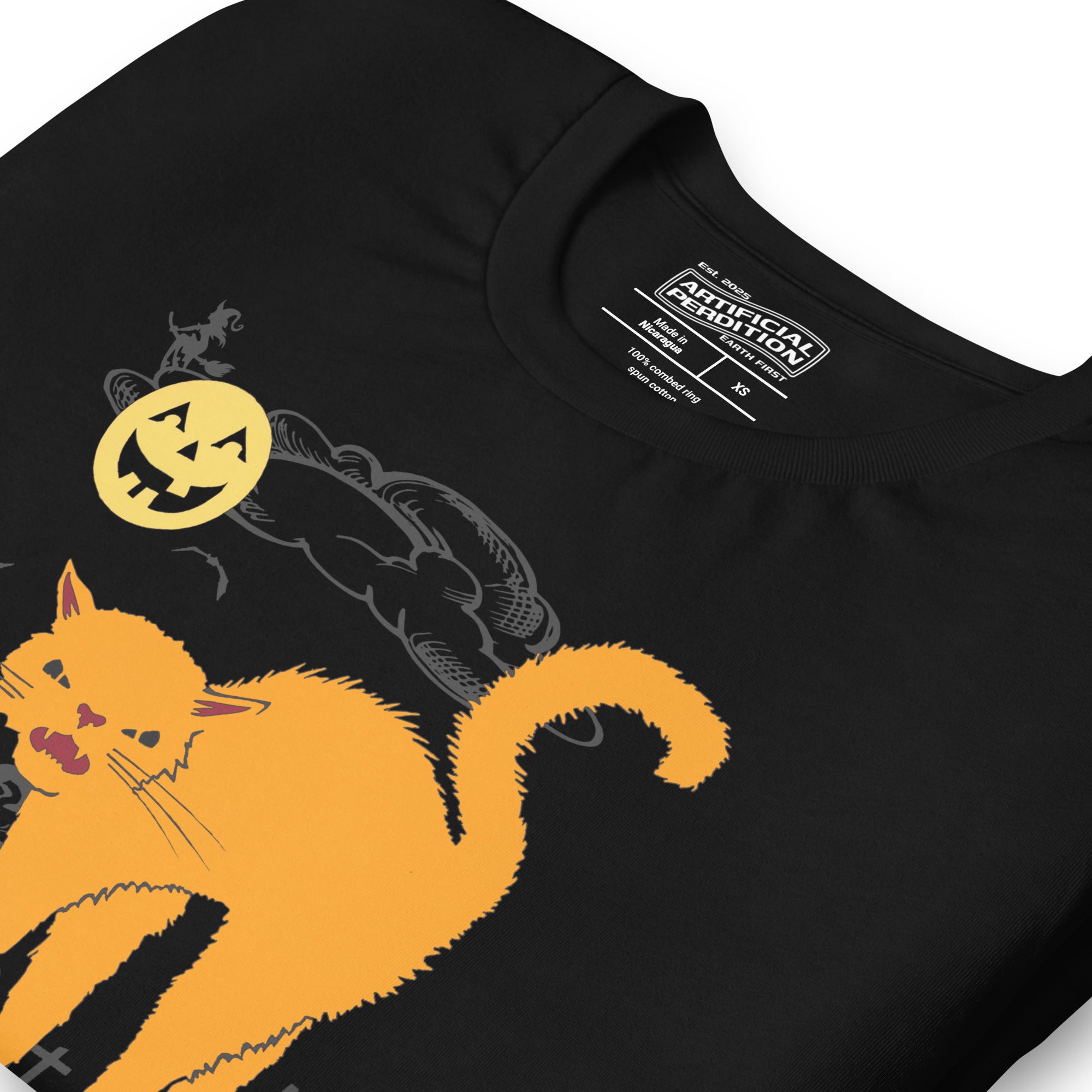 Orange arched Halloween cat hissing in graveyard scene with jack-o-lantern moon and bats, vintage poster style, Hissy Halloween, Artificial Perdition apparel