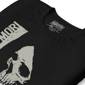Cracked skull illustration in tombstone grey with vertical Memento Mori text and Remember Death translation, Artificial Perdition apparel