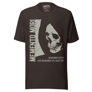 Cracked skull illustration in tombstone grey with vertical Memento Mori text and Remember Death translation, Artificial Perdition apparel