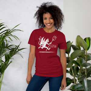 Artificial Perdition devil mascot, red illustrated devil mid-stride with trident and brand name, hand-drawn style on black, official logo tee