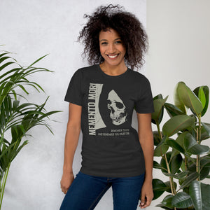Cracked skull illustration in tombstone grey with vertical Memento Mori text and Remember Death translation, Artificial Perdition apparel