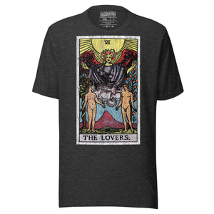 The Lovers tarot card, unveiled man and woman beneath winged figure with Tree of Life and serpent-wrapped Tree of Knowledge, Rider-Waite style, Artificial Perdition