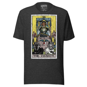 The Chariot tarot card, armored figure with starred crown riding chariot drawn by black and white sphinxes, city walls behind, Rider-Waite style, Artificial Perdition