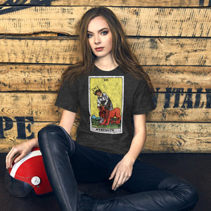 Card eight. The lion is already subdued, led by a chain of flowers. Strength is the quiet kind — fortitude, not force. Rider-Waite tarot apparel.