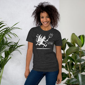 Artificial Perdition devil mascot, red illustrated devil mid-stride with trident and brand name, hand-drawn style on black, official logo tee