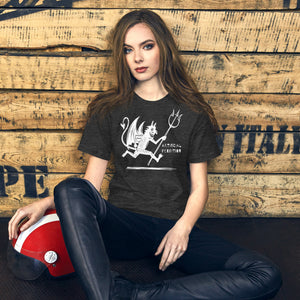 Artificial Perdition devil mascot, red illustrated devil mid-stride with trident and brand name, hand-drawn style on black, official logo tee