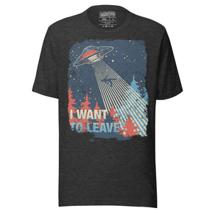 Retro poster style UFO beaming down into a midnight forest with I WANT TO LEAVE text, red and blue palette, Artificial Perdition apparel