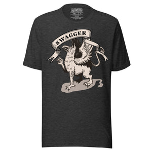 Rampant griffin in heraldic engraving style with Swagger banner ribbon, cream and black illustration, Artificial Perdition apparel