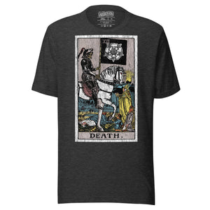Death tarot card, skeletal horseman with black banner and white rose, figures fallen before him and sun rising on horizon, Rider-Waite style, Artificial Perdition