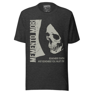 Product mockupCracked skull illustration in tombstone grey with vertical Memento Mori text and Remember Death translation, Artificial Perdition apparel