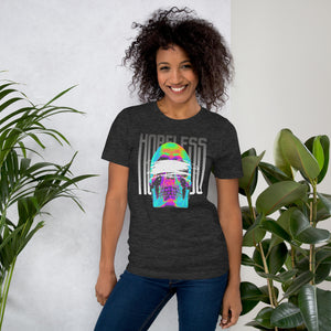 Blindfolded skull in thermal heat-map colors with bold chrome HOPELESS text, psychological horror design, Artificial Perdition apparel