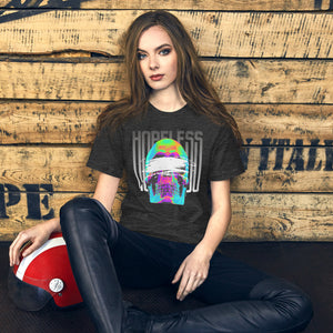 Blindfolded skull in thermal heat-map colors with bold chrome HOPELESS text, psychological horror design, Artificial Perdition apparel
