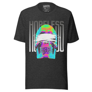 Blindfolded skull in thermal heat-map colors with bold chrome HOPELESS text, psychological horror design, Artificial Perdition apparel
