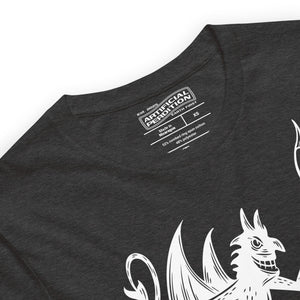 Artificial Perdition devil mascot, red illustrated devil mid-stride with trident and brand name, hand-drawn style on black, official logo tee