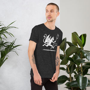 Artificial Perdition devil mascot, red illustrated devil mid-stride with trident and brand name, hand-drawn style on black, official logo tee