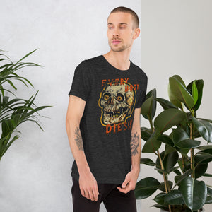 Die-cut skull with amber eyes and dripping orange horror font reading EVERY BODY DIES, vintage pulp style, Artificial Perdition apparel