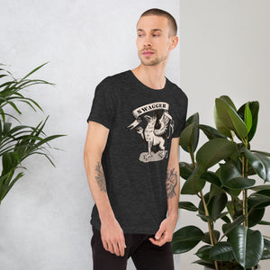 Rampant griffin in heraldic engraving style with Swagger banner ribbon, cream and black illustration, Artificial Perdition apparel