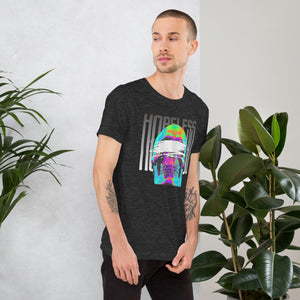 Blindfolded skull in thermal heat-map colors with bold chrome HOPELESS text, psychological horror design, Artificial Perdition apparel