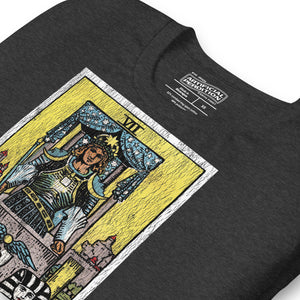The Chariot tarot card, armored figure with starred crown riding chariot drawn by black and white sphinxes, city walls behind, Rider-Waite style, Artificial Perdition
