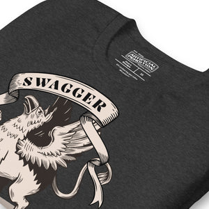 Rampant griffin in heraldic engraving style with Swagger banner ribbon, cream and black illustration, Artificial Perdition apparel
