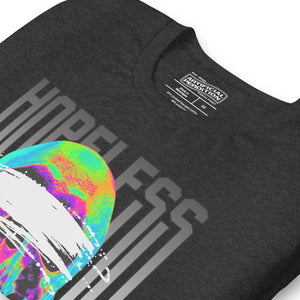 Blindfolded skull in thermal heat-map colors with bold chrome HOPELESS text, psychological horror design, Artificial Perdition apparel