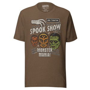 Vintage spook show poster front print with three classic monster faces, Ace Theater and Monster Mania text, distressed style on black, Artificial Perdition apparel
