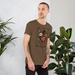 Tarot card illustration numbered X with an anatomical heart in bloom surrounded by wildflowers and vines, Amor Fati, Artificial Perdition apparel
