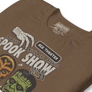 Product mockupVintage spook show poster front print with three classic monster faces, Ace Theater and Monster Mania text, distressed style on black, Artificial Perdition apparel