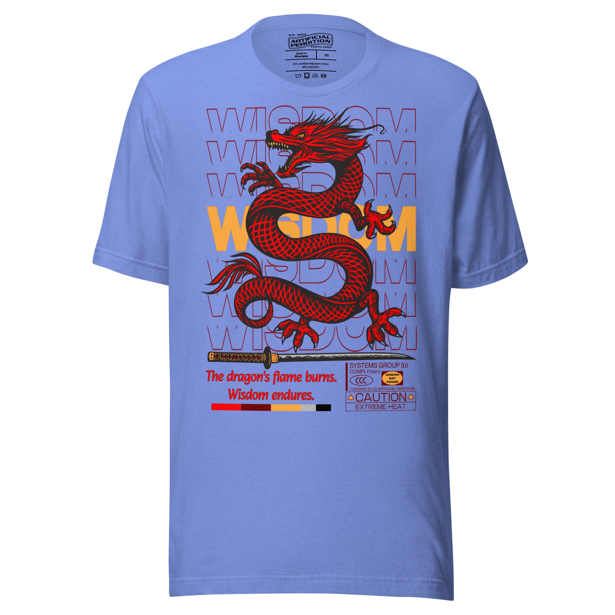 Red and black Chinese dragon with katana and WISDOM typography, bold graphic apparel design by Artificial Perdition