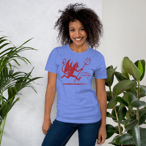 Artificial Perdition devil mascot, red illustrated devil mid-stride with trident and brand name, hand-drawn style on black, official logo tee