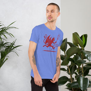 Artificial Perdition devil mascot, red illustrated devil mid-stride with trident and brand name, hand-drawn style on black, official logo tee