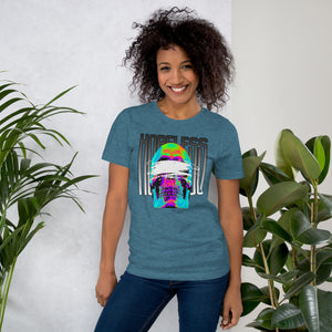 Blindfolded skull in thermal heat-map colors with bold chrome HOPELESS text, psychological horror design, Artificial Perdition apparel